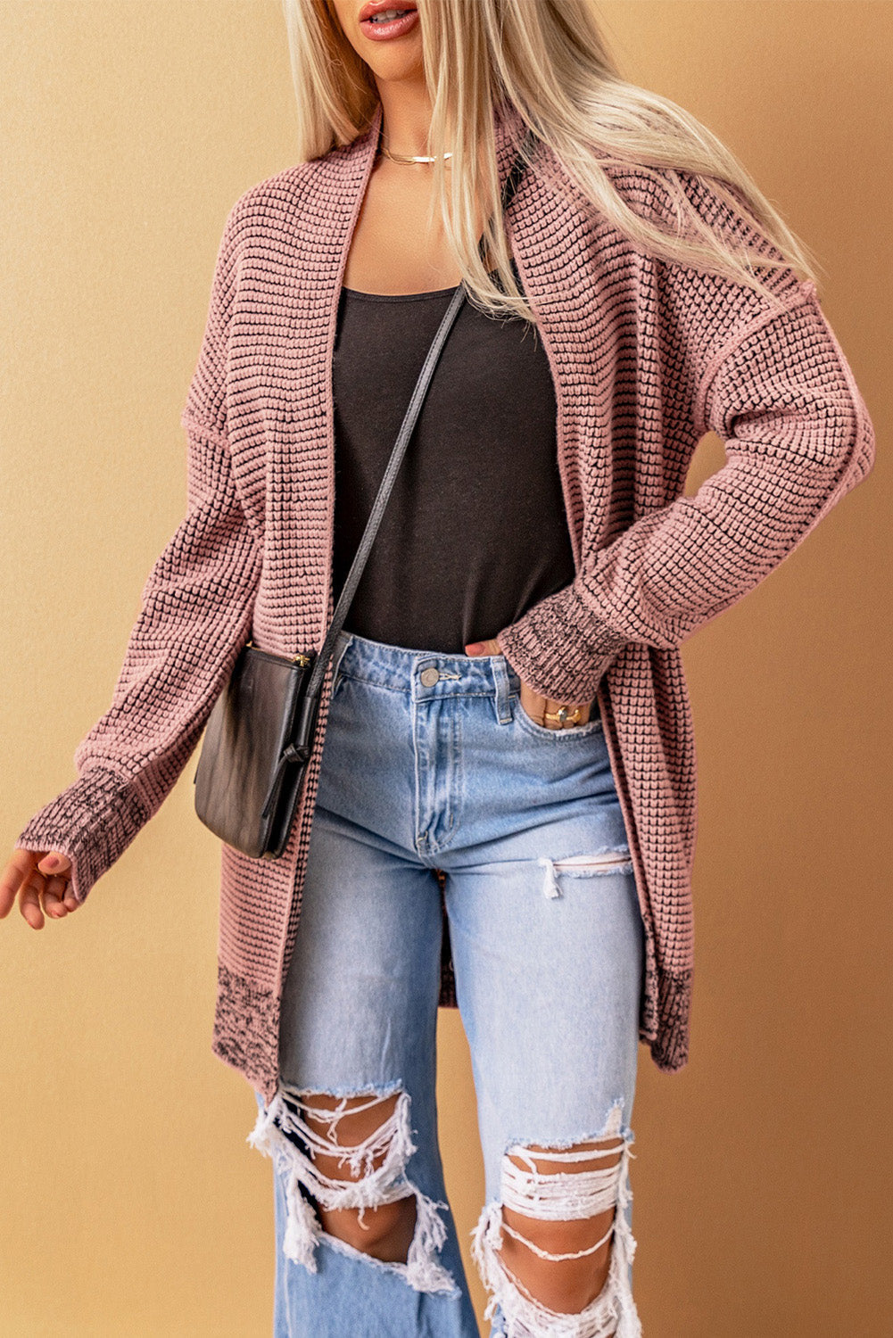 Apricot Plaid Knitted Long Open Front Cardigan eAura