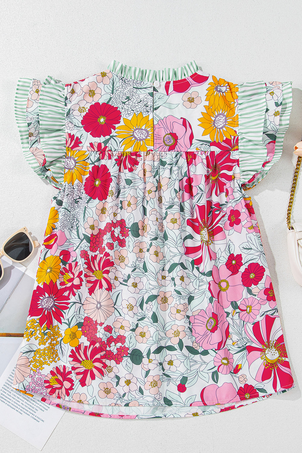 Pink Floral Print Contrast Ruffle Trim Short Sleeve Blouse eAura