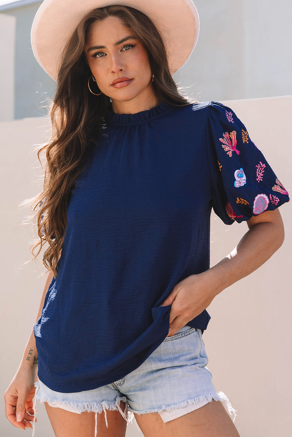 Sail Blue Shellfish Coral Embroidery Puff Sleeve Frilled Neck Blouse eAura