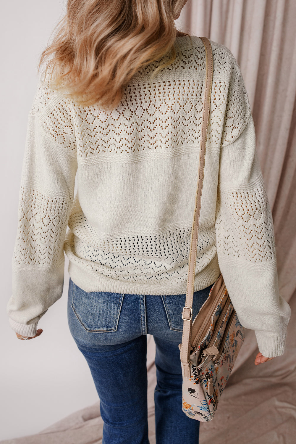 Black Eyelet Pattern Detail V Neck Drop Shoulder Sweater eAura