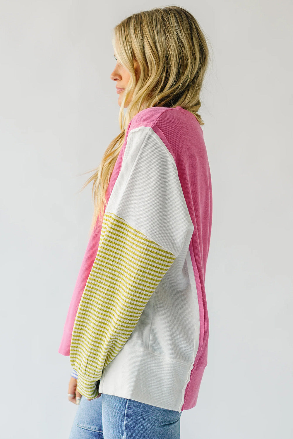 Sachet Pink Exposed Seam Striped Colour Block Patchwork Long Sleeve Top eAura