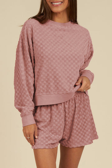 Blossom Checkered Textured Long Sleeve Top and Shorts Set eAura