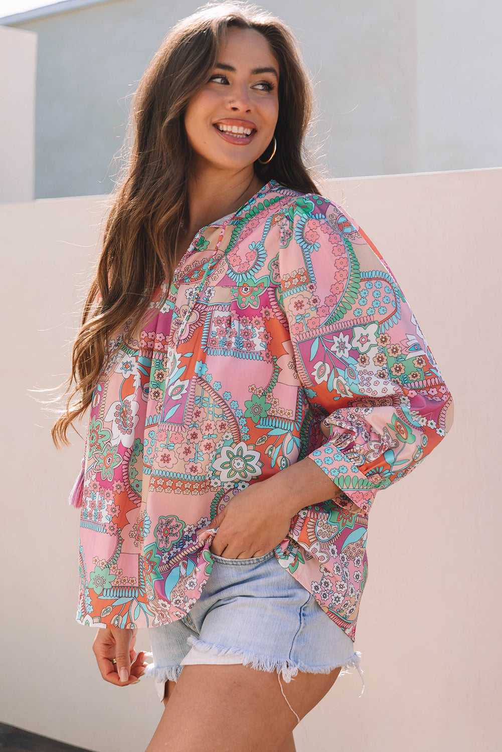 Multicolour Boho Floral Bubble Sleeve Tassel Tied Neck Pleated Blouse eAura