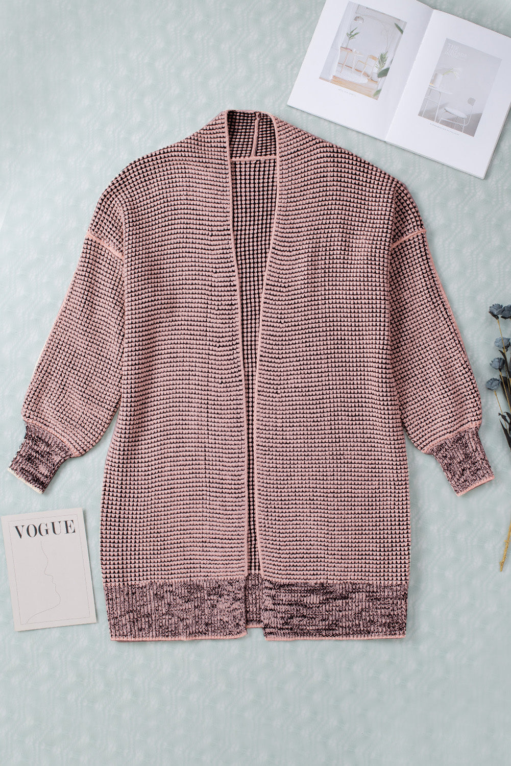Apricot Plaid Knitted Long Open Front Cardigan eAura