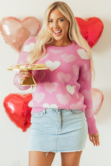 Pink Pearled Heart Print Valentines Crew Neck Sweater eAura