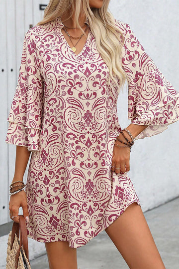 Pink Paisley Print Tiered 3/4 Sleeve Notched Neck Mini Dress eAura