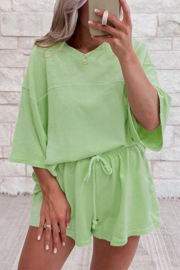 Meadow Mist Green Solid Loose V Neck Half Sleeve Tee and Shorts eAura