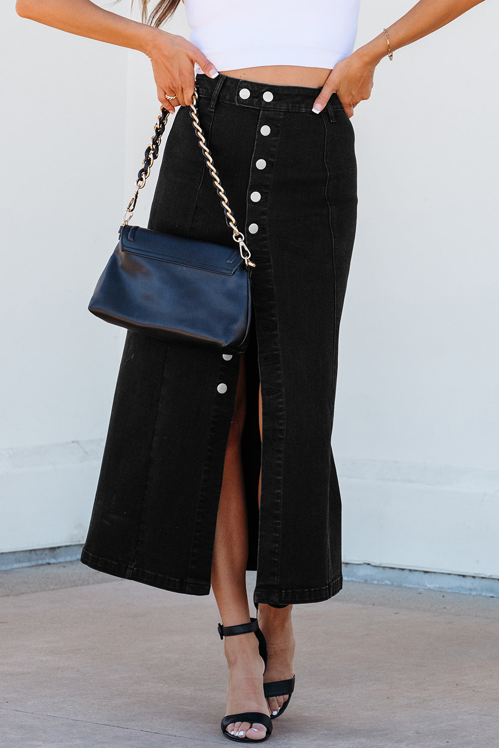 Black Button Fly Side Split High Waist Denim Midi Skirt eAura