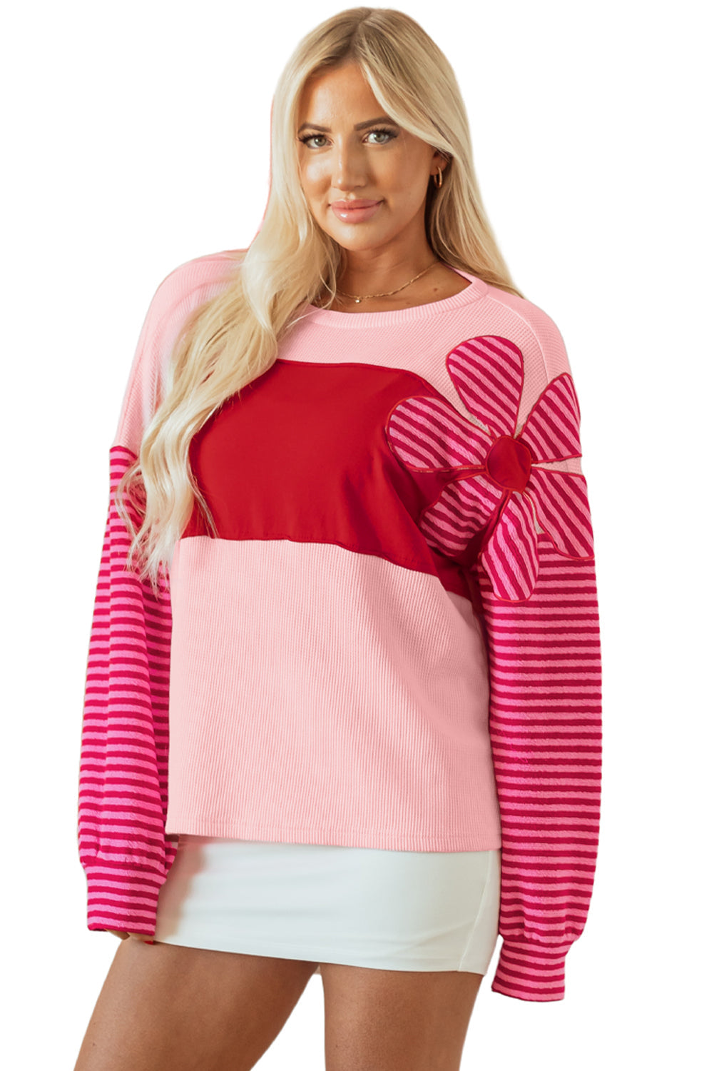 Pink Floral Patch Colour Block Striped Sleeve Textured Top eAura