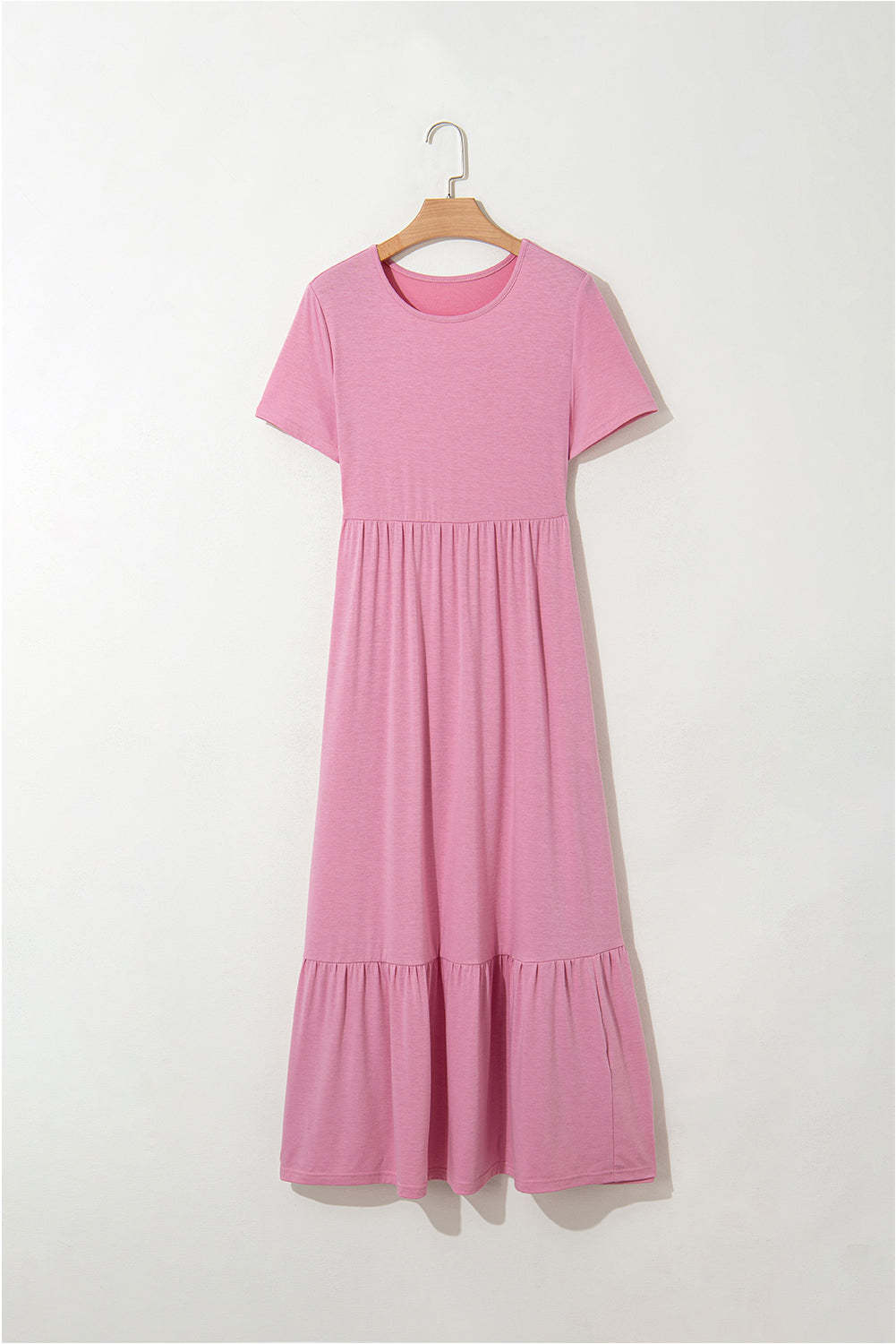 Pink Solid Colour T-shirt High Waist Pocketed Long Dress eAura