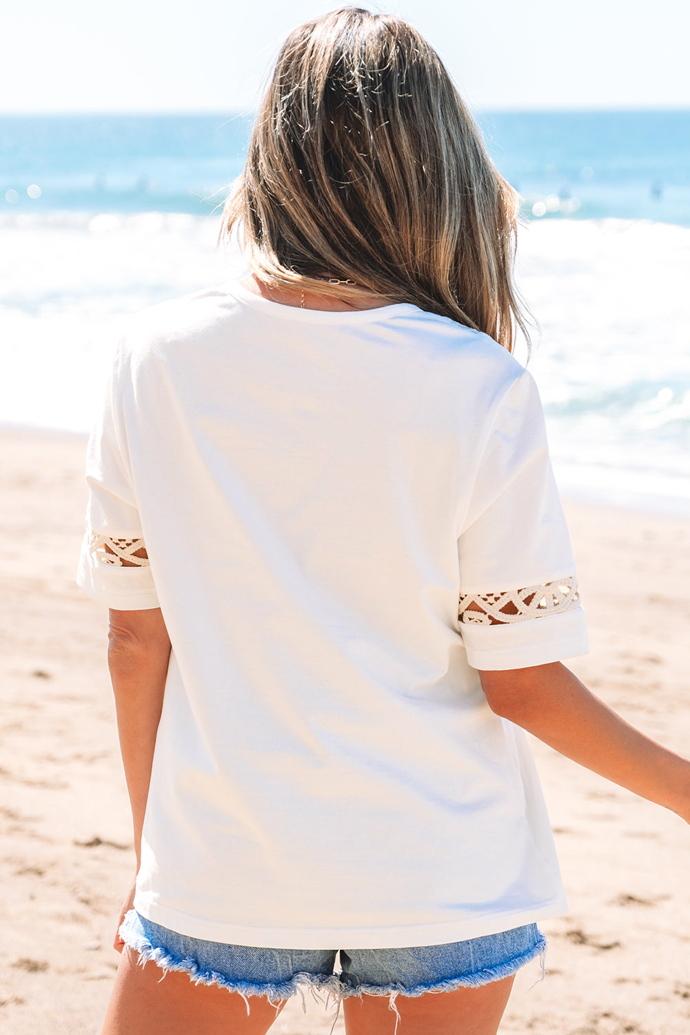 White Lace Crochet Crew Neck Casual T Shirt eAura