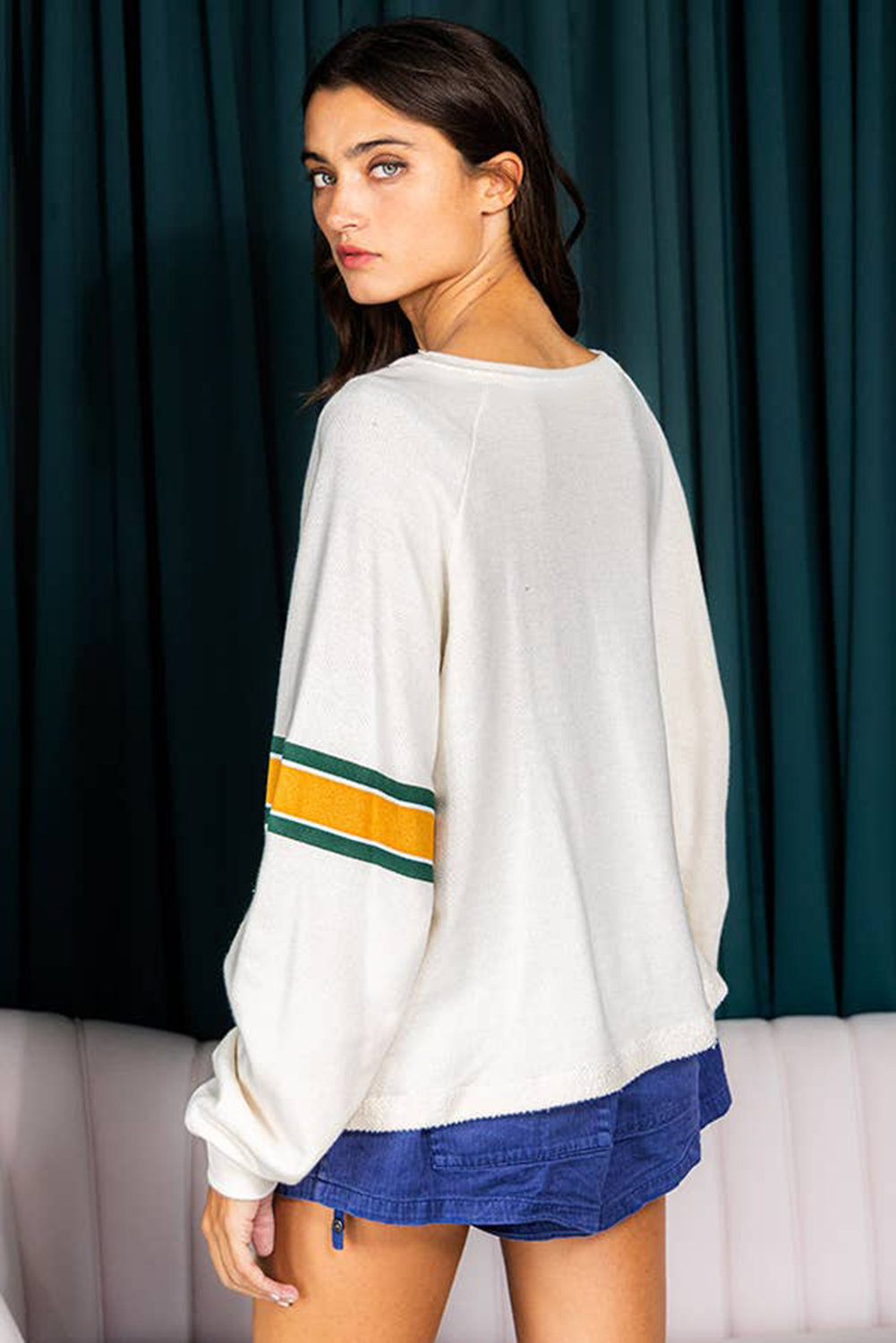 White Number 76 Printed Retro Sporty Long Sleeve Top eAura