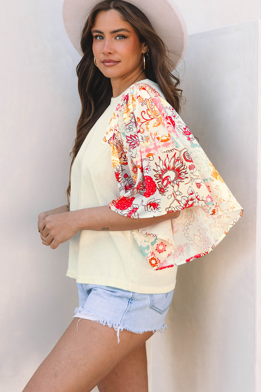 Beige Floral Patchwork Half Batwing Sleeve Blouse eAura