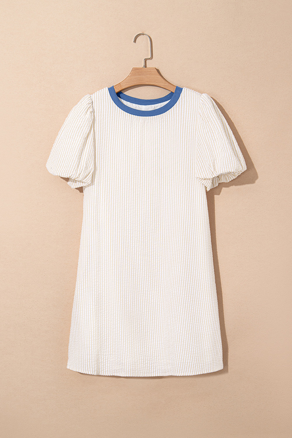 Beige Stripe Seersucker Contrast Round Neck Puff Sleeve T-Shirt Dress eAura