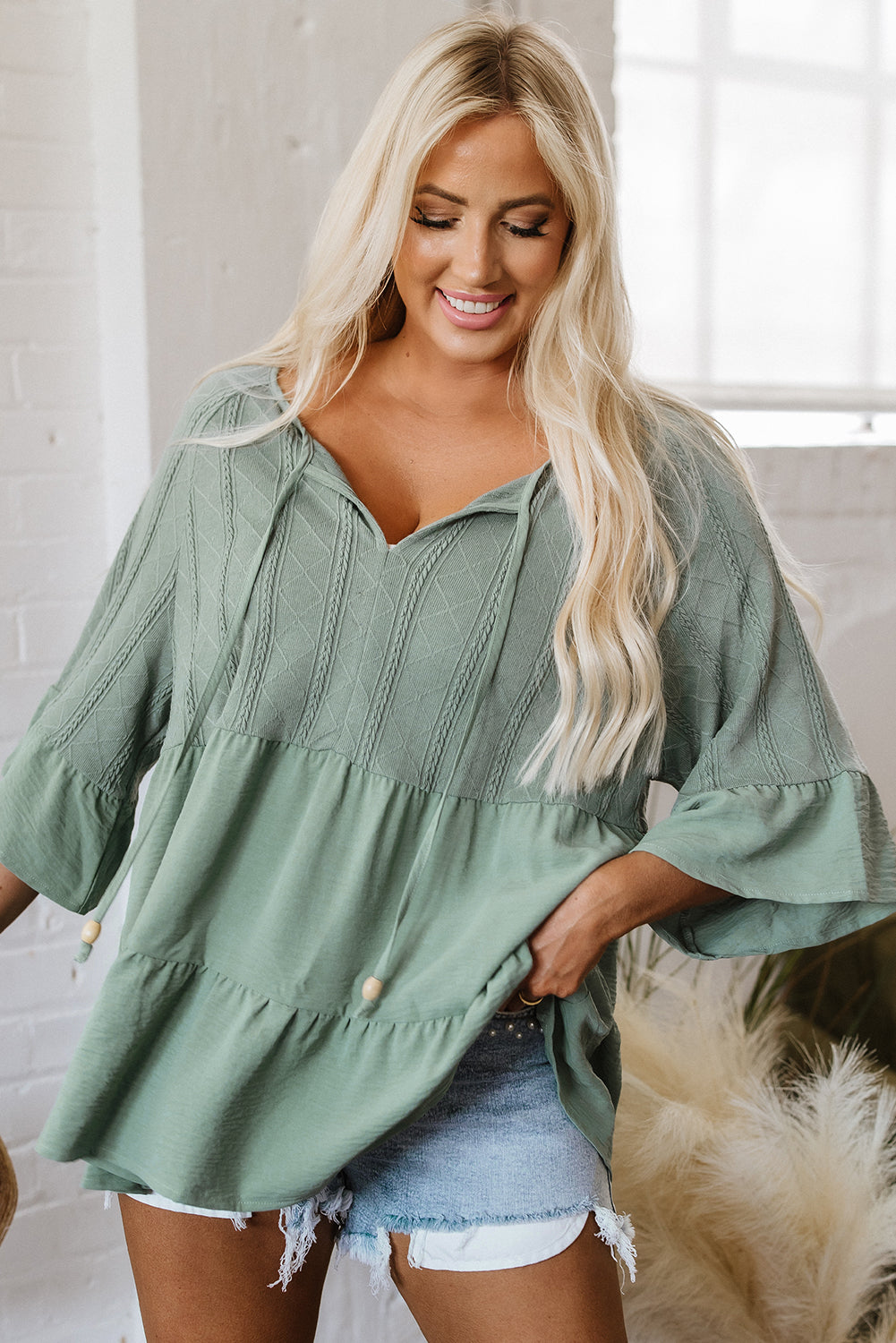 Laurel Green Tie Split Neck Textured Ruffle Patchwork Blouse eAura