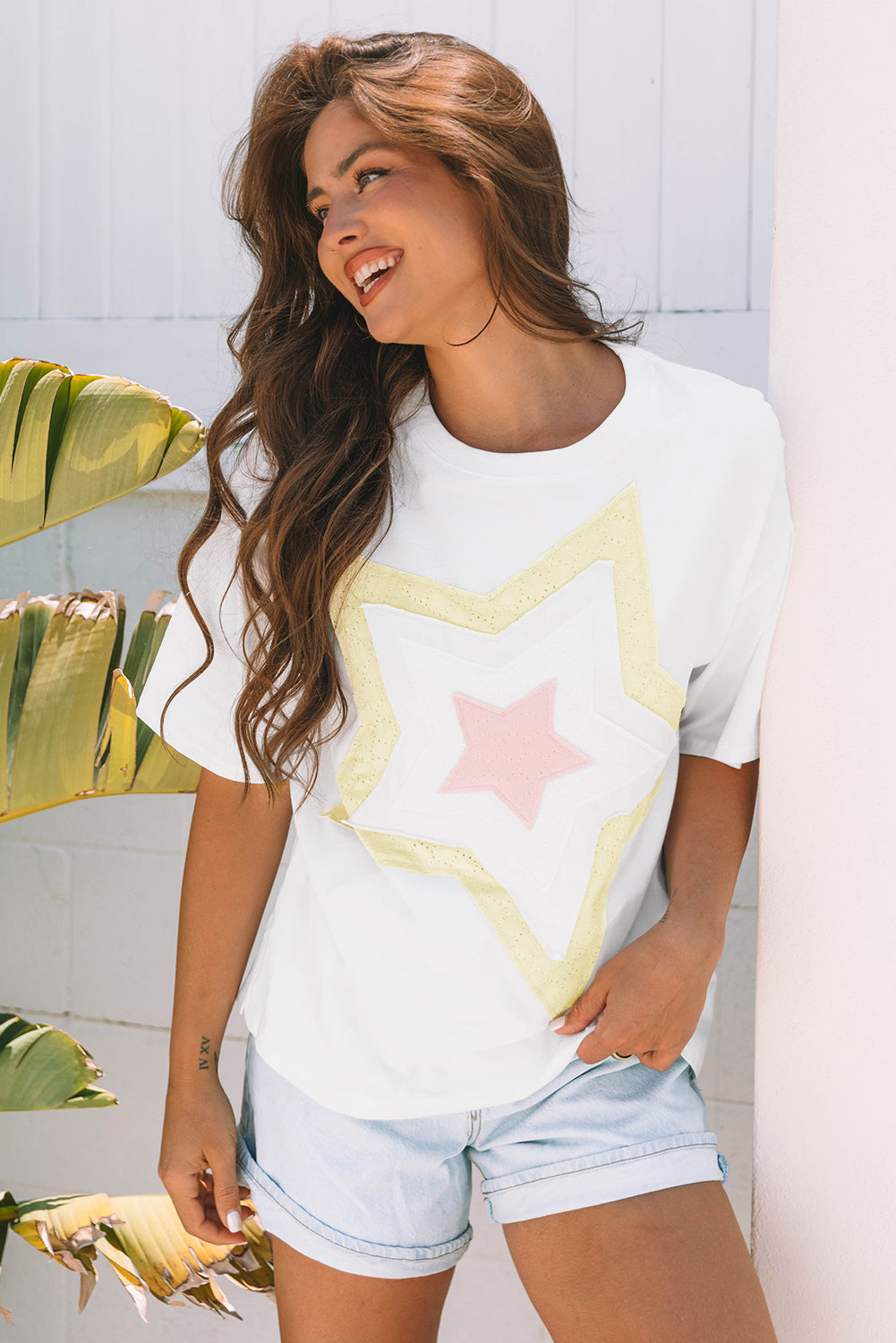 White Star Layered Patched Graphic Drop Shoulder Half Sleeve Loose Tee eAura