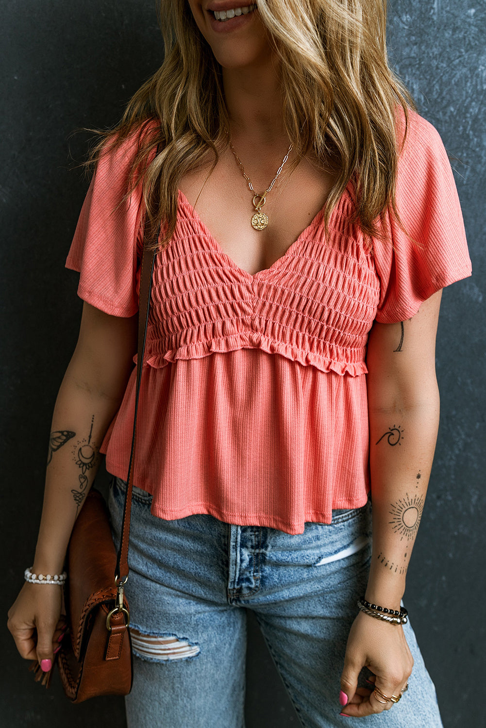 Oatmeal Shirred V Neck Short Flutter Sleeve Textured Blouse eAura