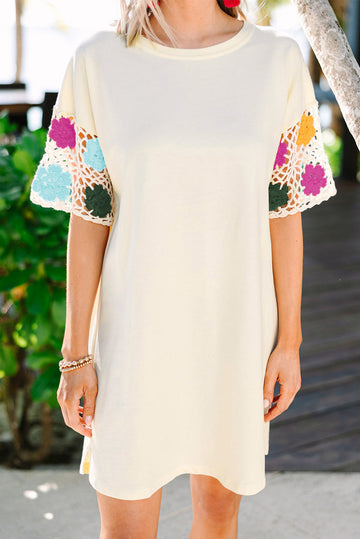 White Floral Crochet Splicing Sleeve T Shirt Dress eAura