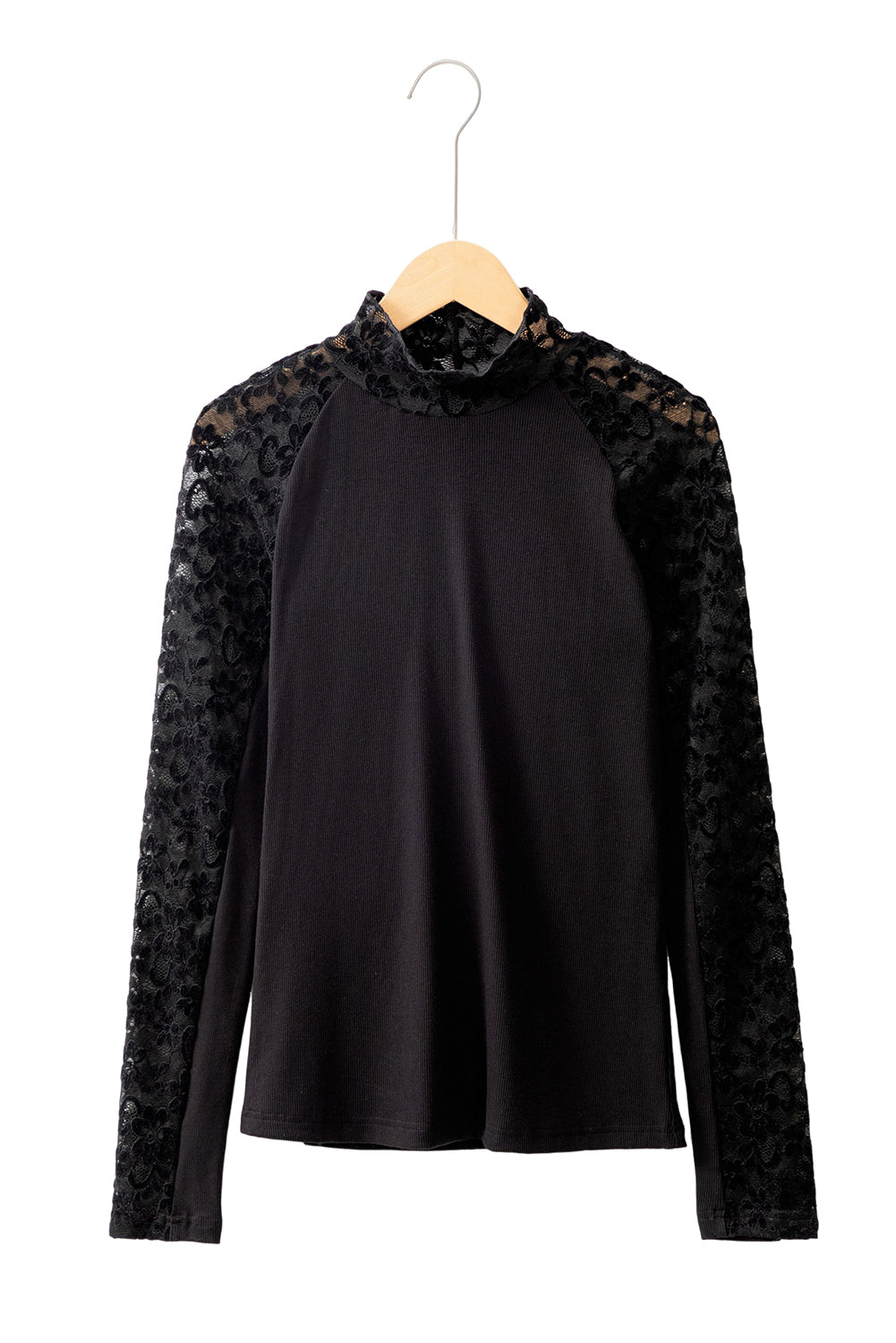 Black Floral Lace Patchwork Long Sleeve High Neck Slim Top eAura