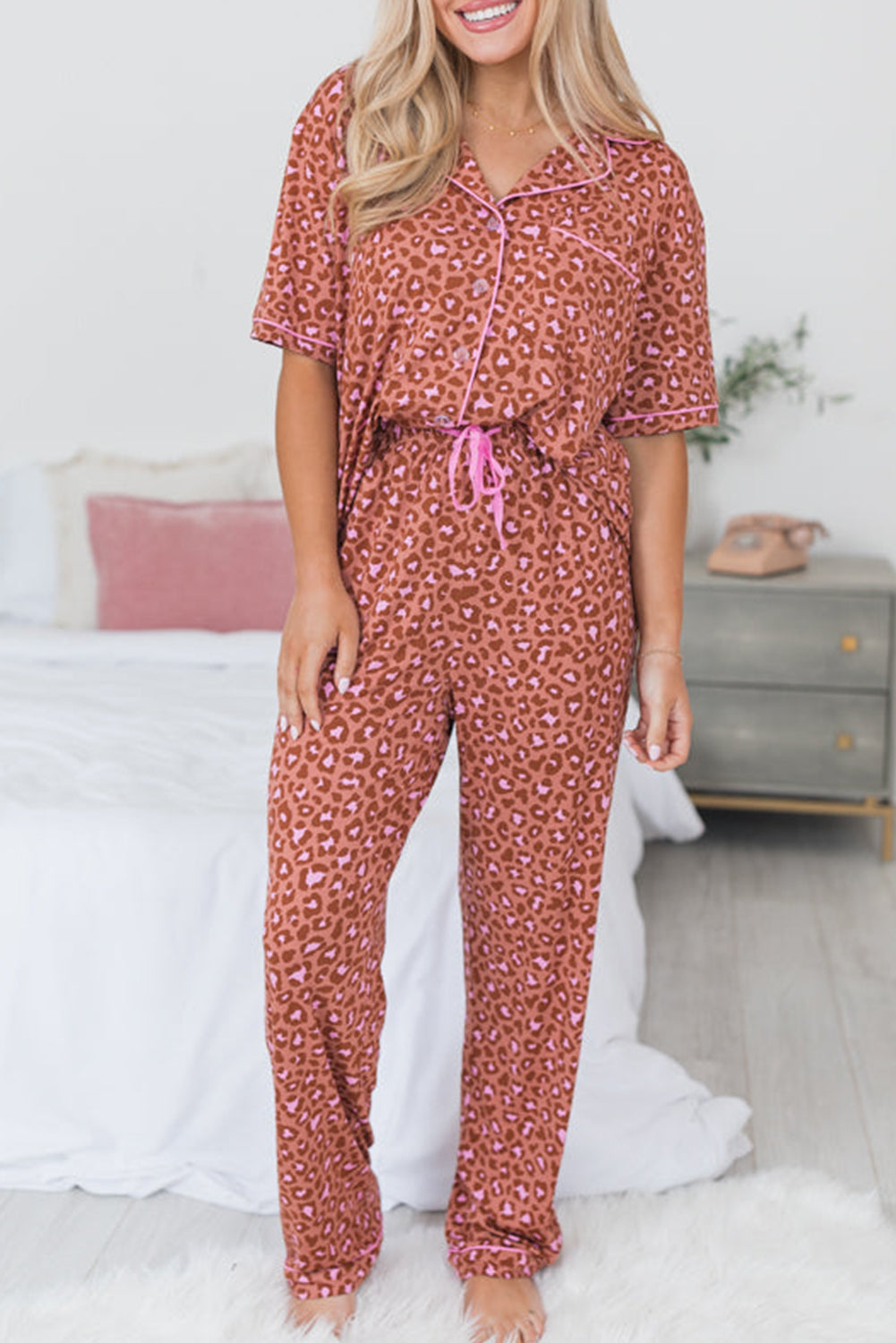 Brown Leopard Print Short Sleeve Shirt and Trousers Pyjamas Set eAura