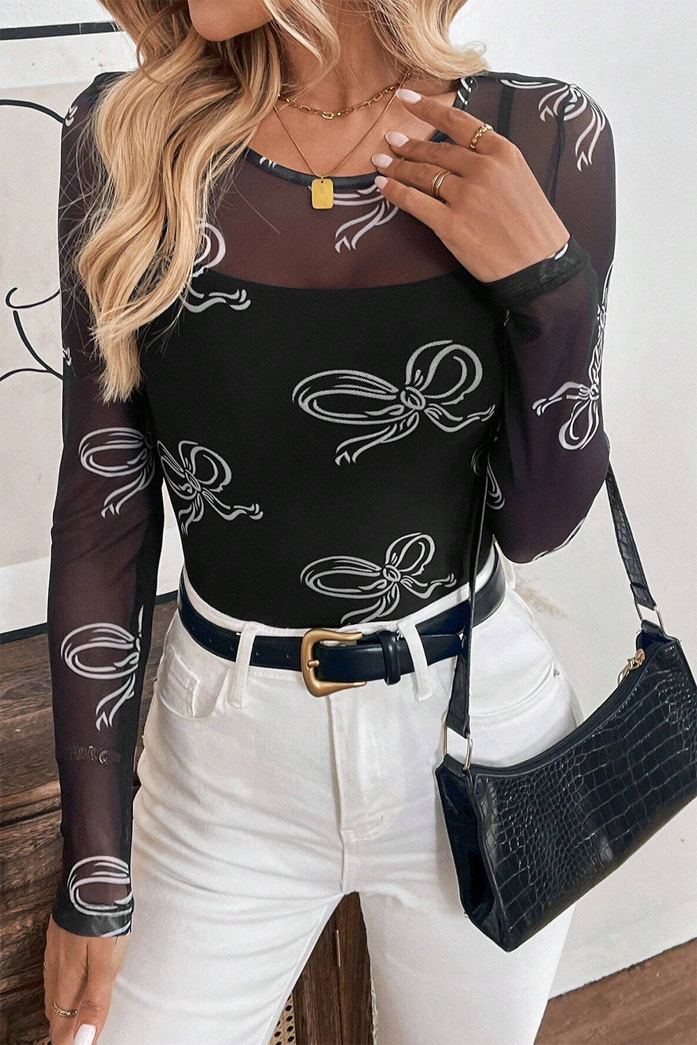 Black Round Neck Bow Print Long Sleeve Mesh Top eAura
