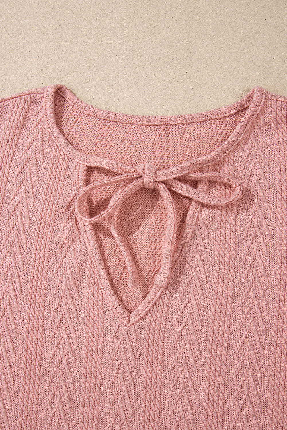 Dusty Pink Floral Patchwork Textured Knit Drawstring V Neck Blouse eAura