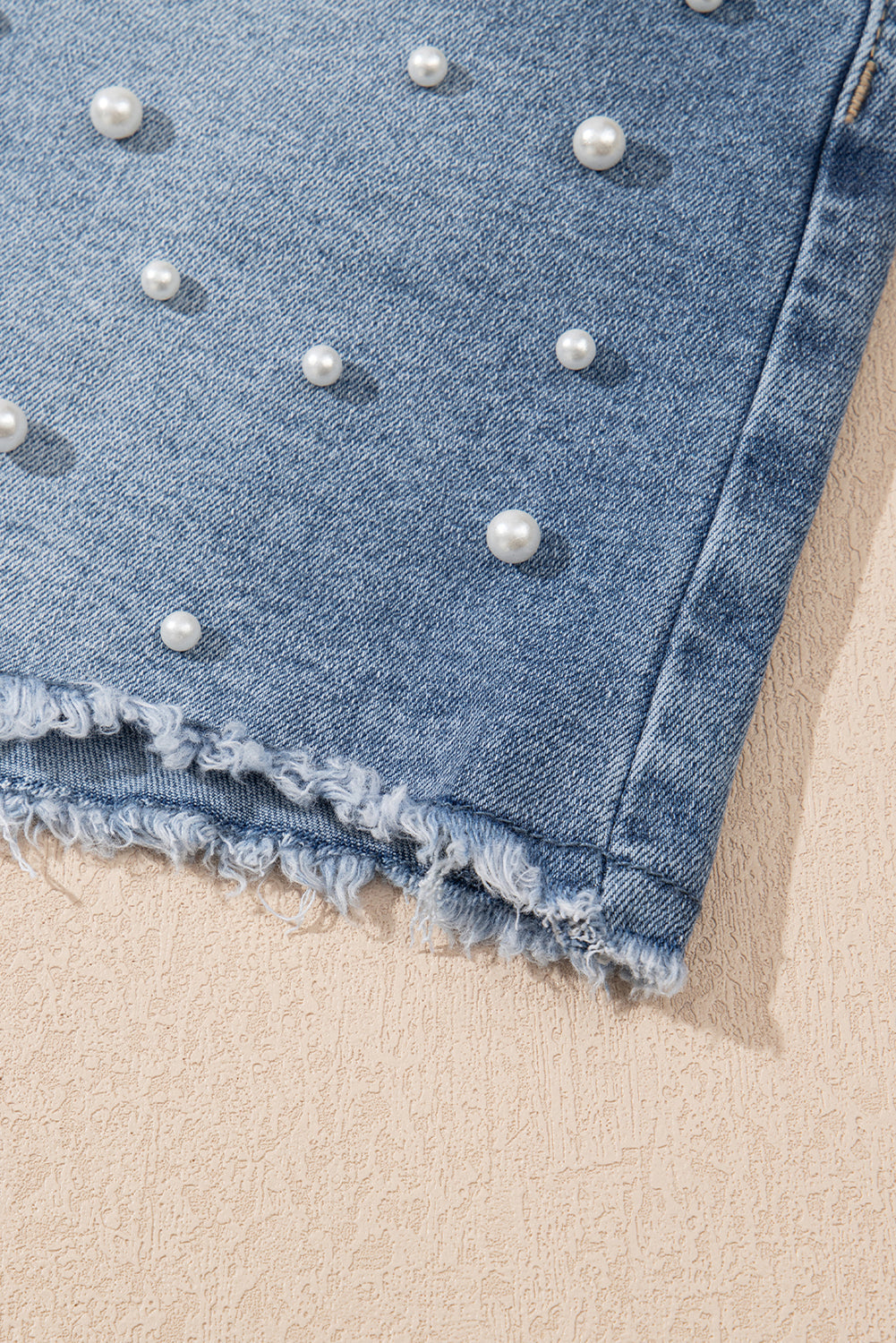 Dusk Blue Pearl Beaded Raw Hem Medium Wash Denim Shorts eAura