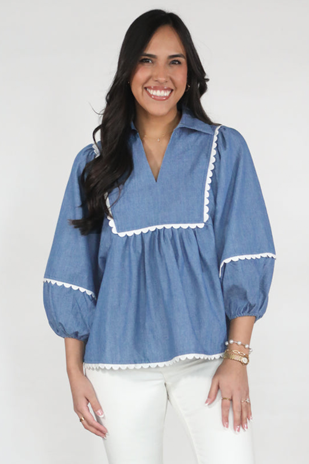 Dusk Blue Lace Ric Rac 3/4 Puff Sleeve Collared Babydoll Blouse eAura