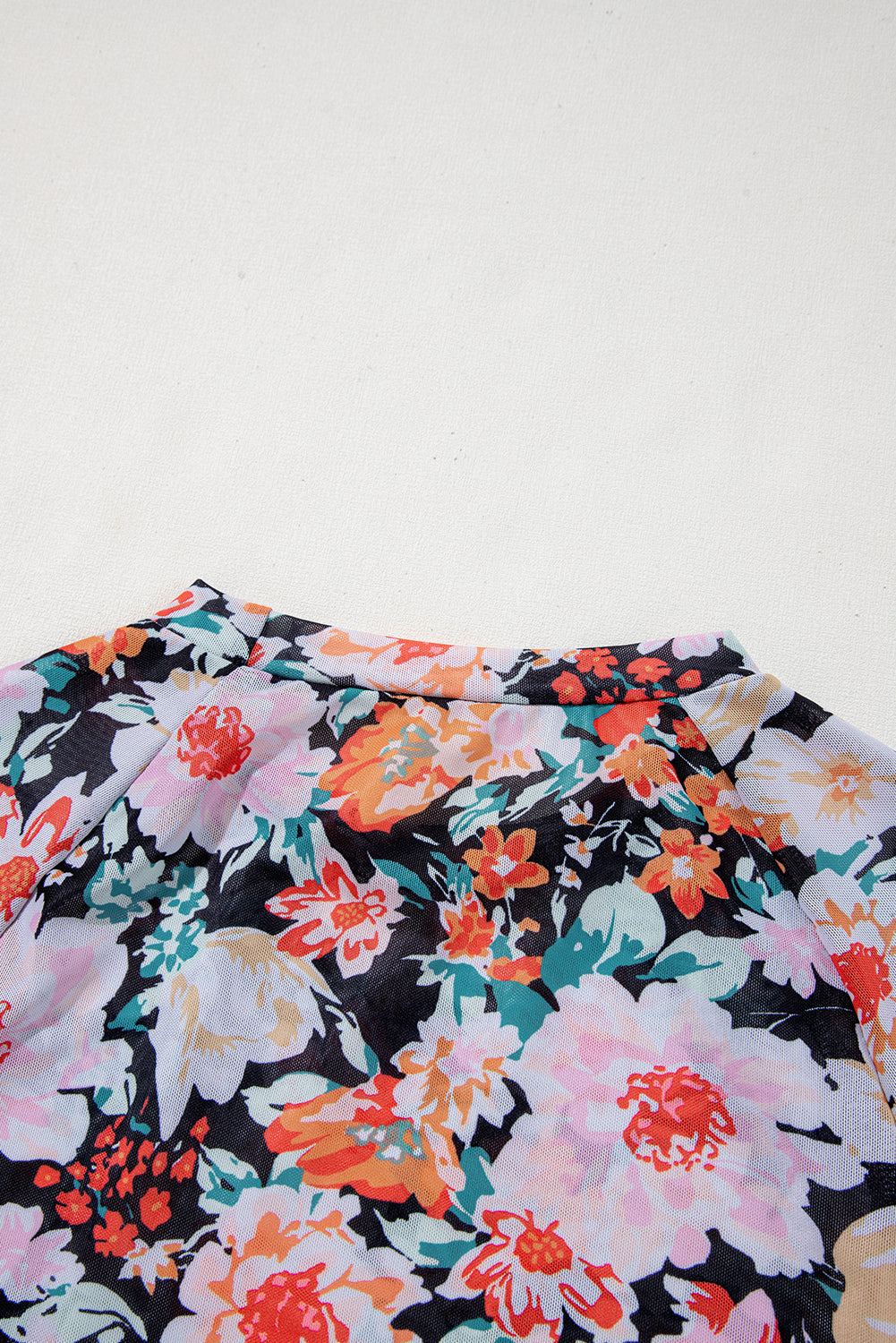 Orange Floral Mesh Slim Long Sleeve Crop Top eAura