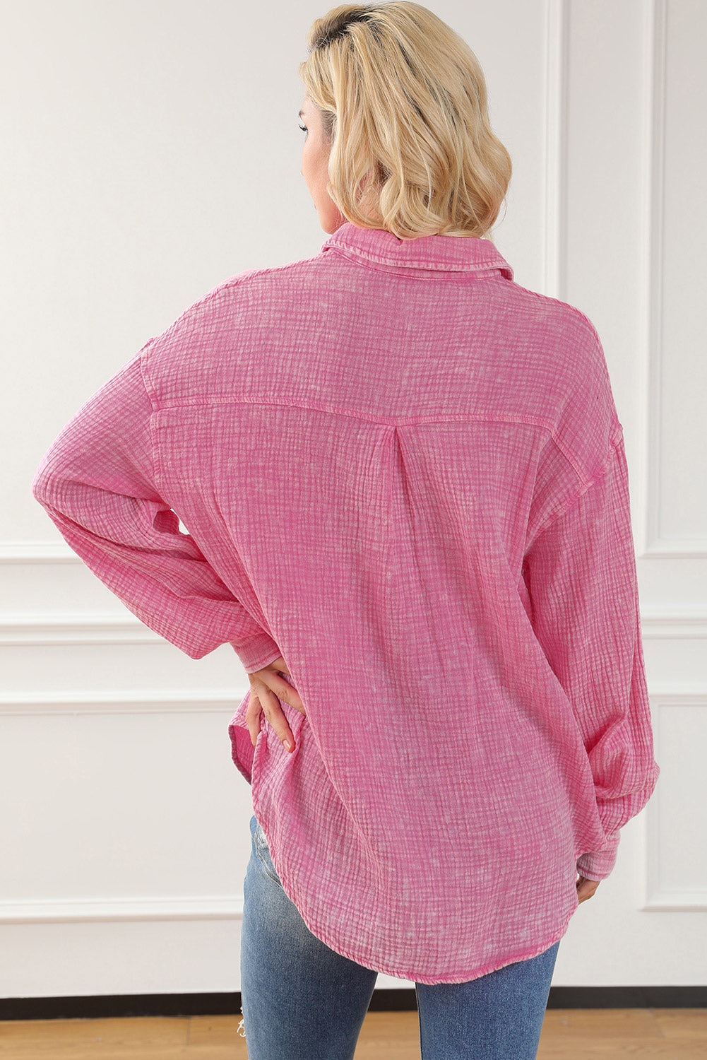 Sky Blue Mineral Wash Crinkle Textured Chest Pockets Shirt eAura