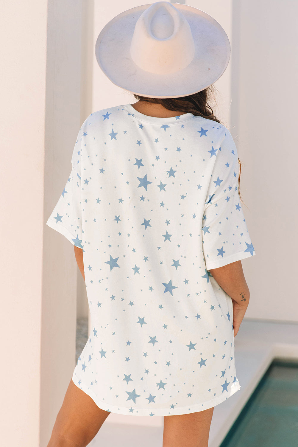 Blue Stars Print Drop Shoulder Oversized T Shirt with Slits eAura