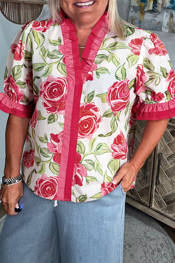 Rose Plus Size Floral Print Frilled Stripes Detail Short Sleeve Blouse BB Fashion Outlet