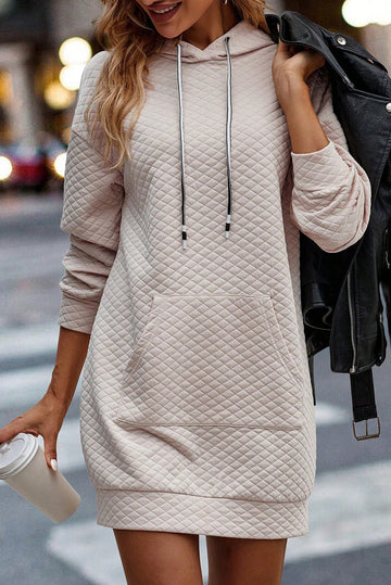 Parchment Drawstring Kangaroo Pocket Quilted Hooded Dress eAura