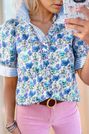 Blue Floral Print Striped Patchwork Collared Short Sleeve Blouse eAura