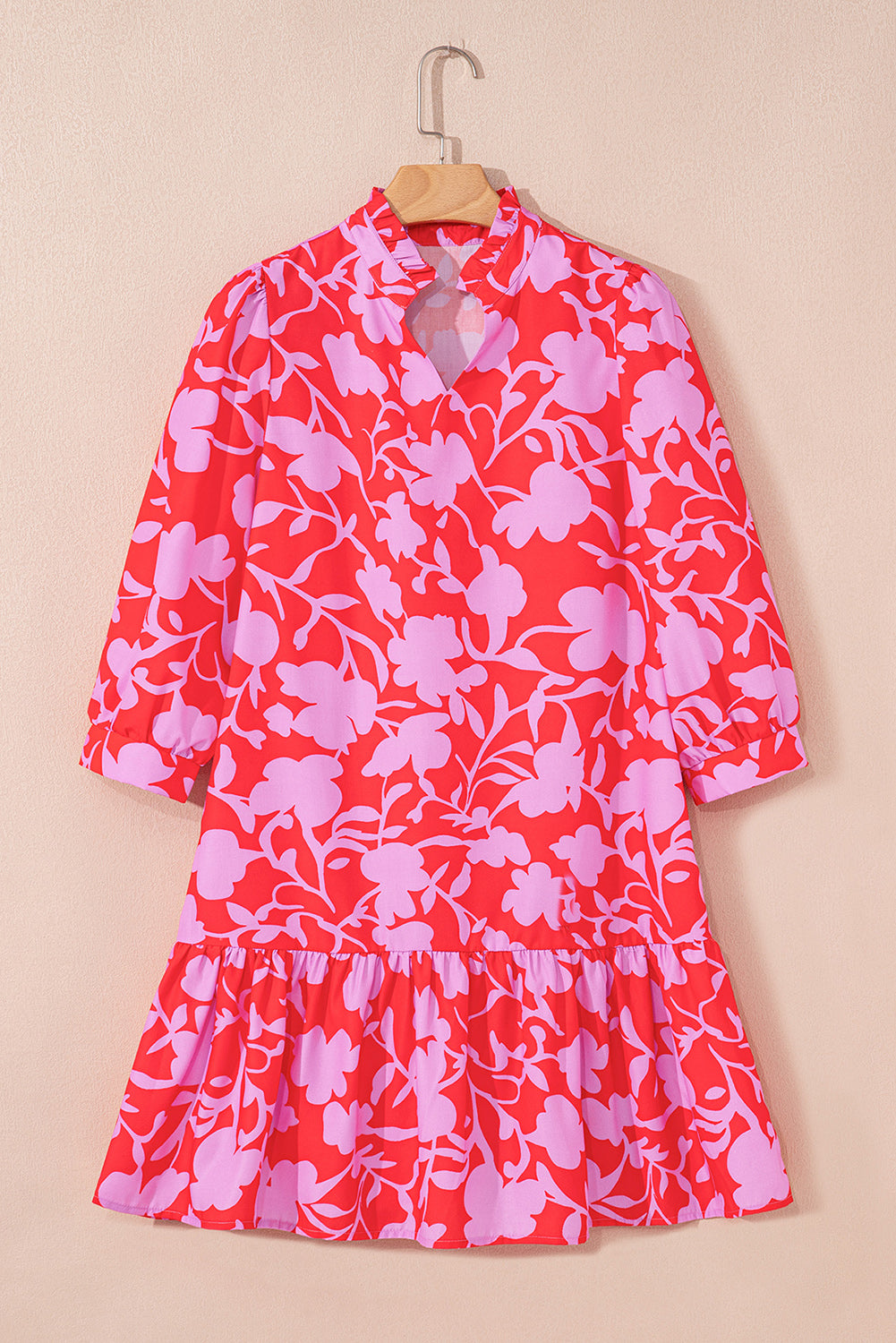 Red Floral 3/4 Sleeves Ruffle Hem Mini Dress eAura