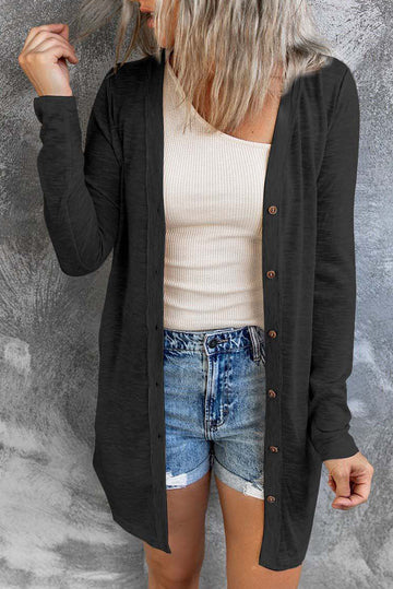 Black Solid Colour Open-Front Buttons Cardigan eAura
