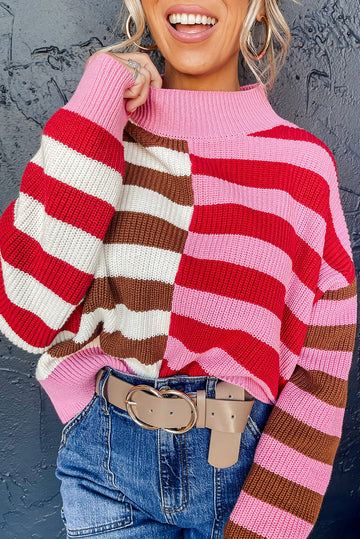 Pink Stripe Colour Block High Neck Drop Shoulder Loose Sweater eAura