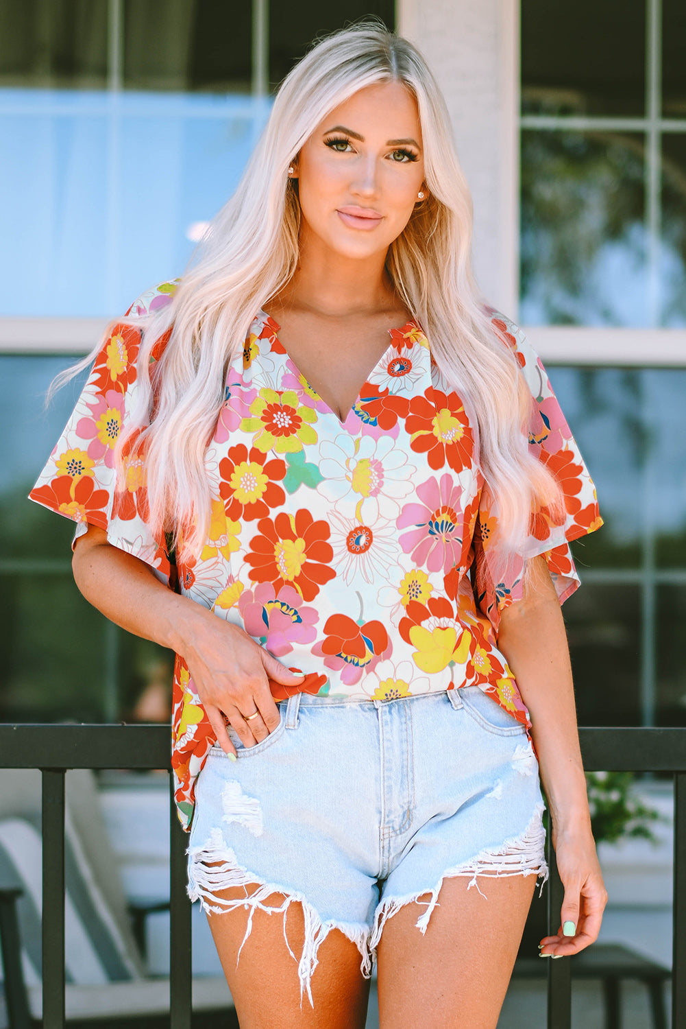MultiColour Floral Print V Neck Half Sleeve Blouse eAura