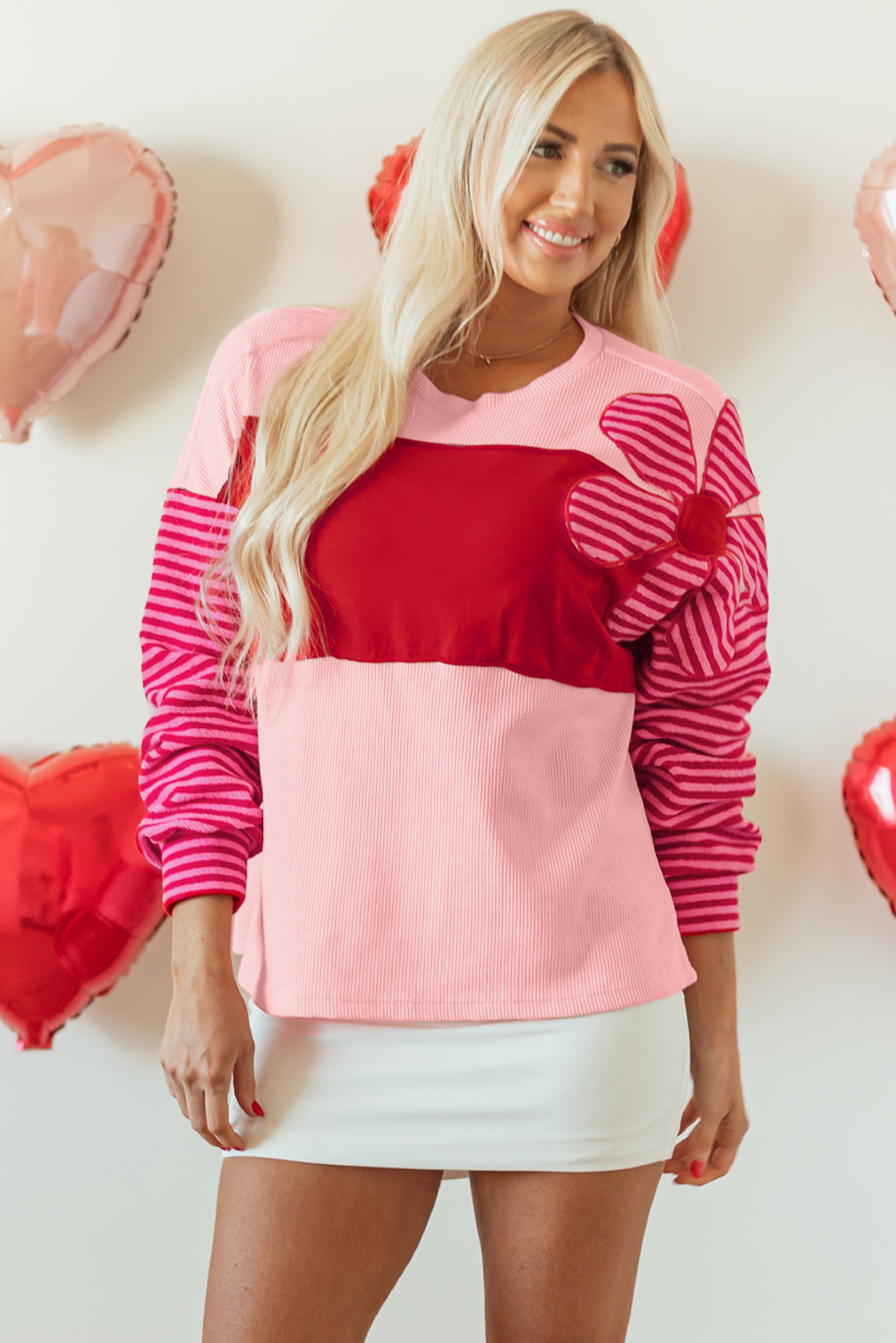 Pink Floral Patch Colour Block Striped Sleeve Textured Top eAura