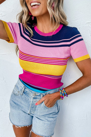 Pink Mixed Stripes Ribbed Knit Top eAura