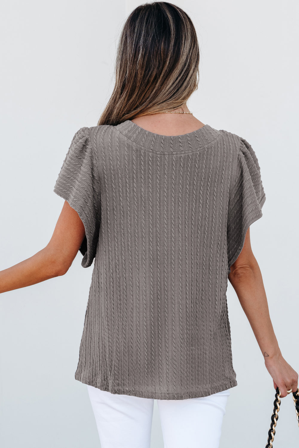 Sleet Solid Colour Textured Flutter Sleeve Top eAura