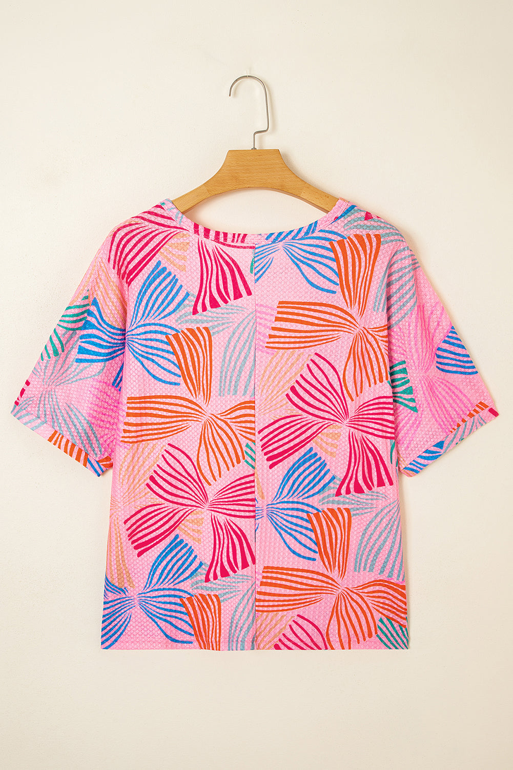 Pink Bowknot Printed Waffle Crewneck Loose Short Sleeve Top eAura