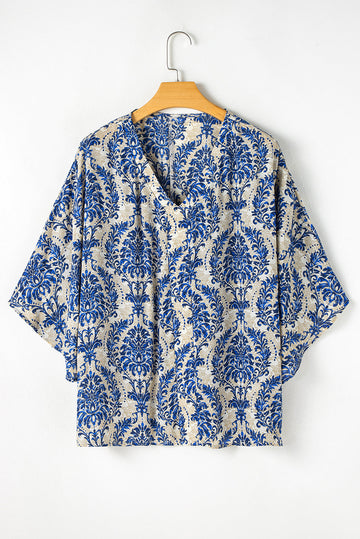 Blue Plus Size Ethnic Printed 3/4 Sleeve V Neck Loose Blouse BB Fashion Outlet