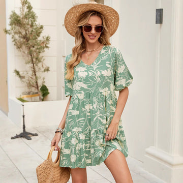 Floral Print Short V-Neck Dress eprolo