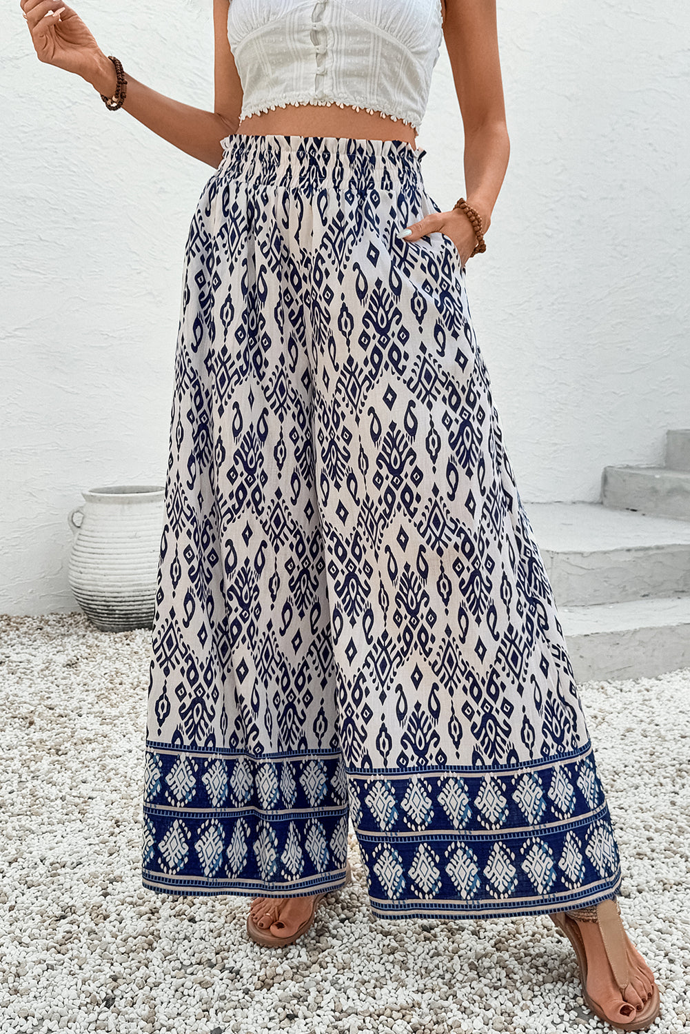 Blue Boho Pattern Print High Waist Wide Leg Loose Trousers eAura