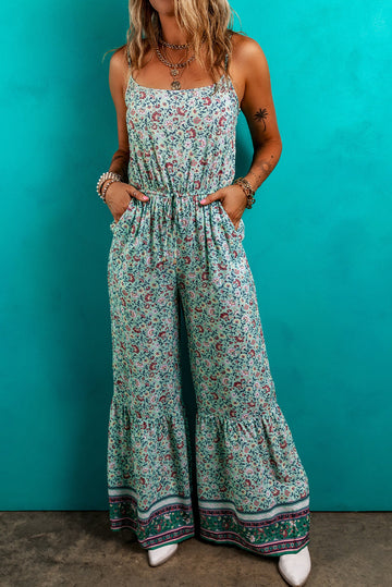 Bohemian Floral Ruffle Bottom Spaghetti Strap Jumpsuit eAura