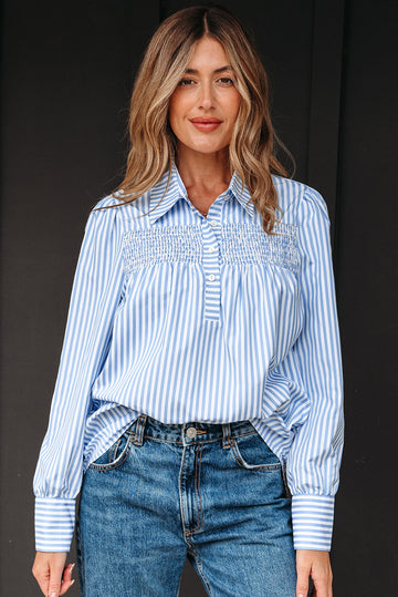 Stripe Shirred Half Placket Collared Long Sleeve Shirt - eAura