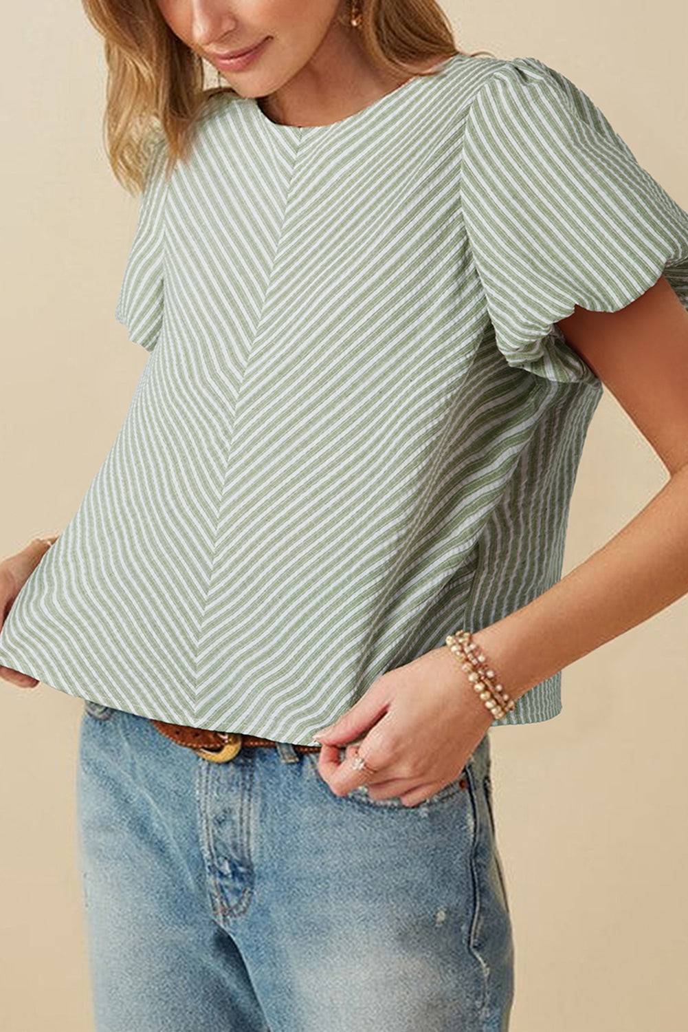 Green Stripe Textured Round Neck Short Puff Sleeve Blouse eAura