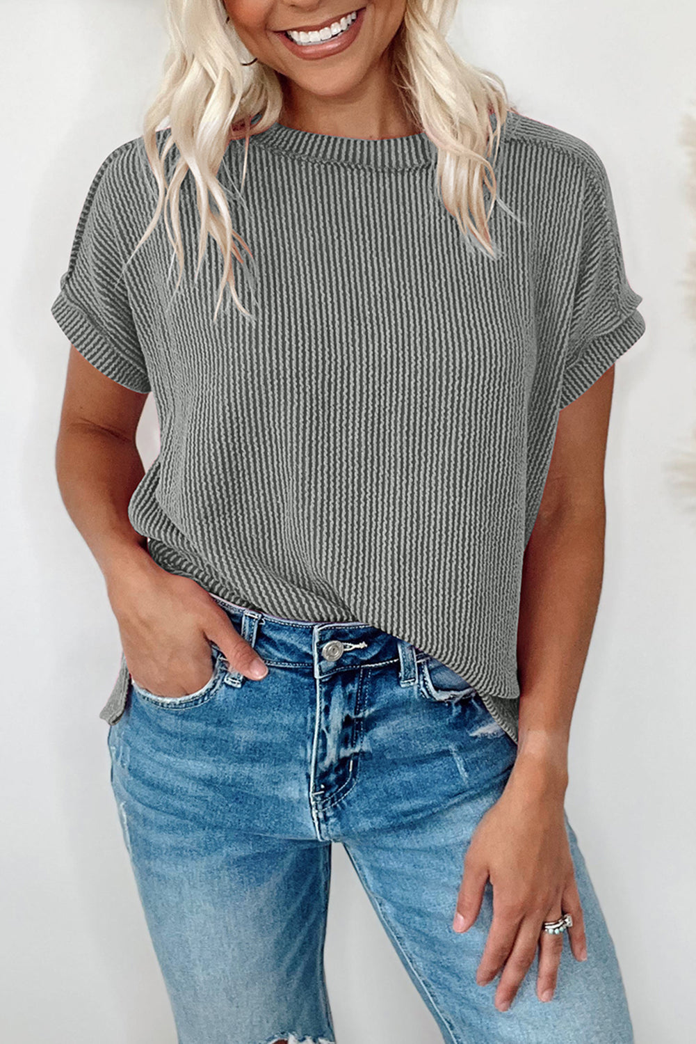 Textured Knit Exposed Stitching T-shirt eAura