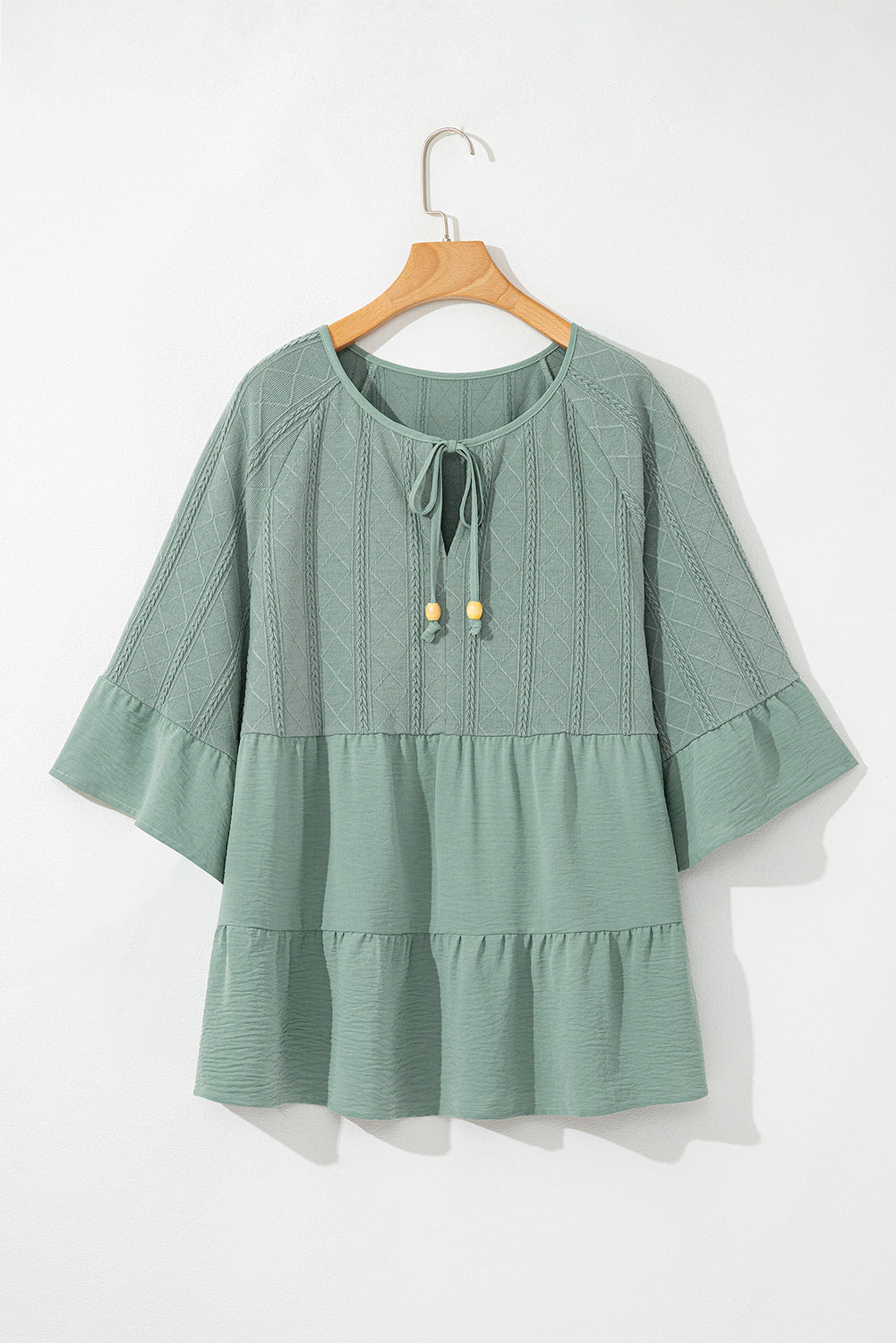 Laurel Green Tie Split Neck Textured Ruffle Patchwork Blouse eAura